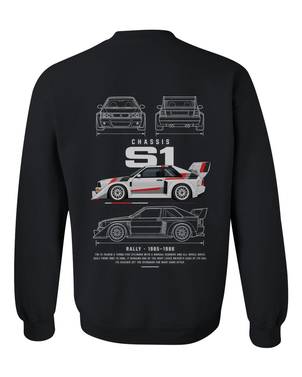 S1 full-back artwork black crewneck back view with the design