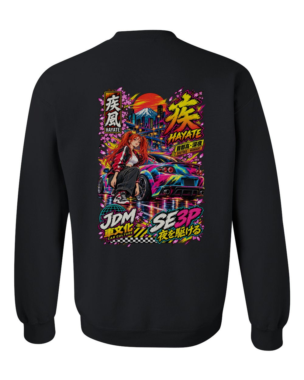 HAYATE SE3P full-back artwork black crewneck back view with the design