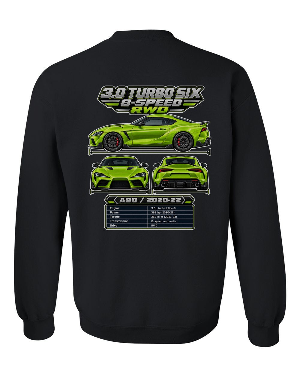 Toyota GR Supra A90 spec sheet black crewneck back view with the design