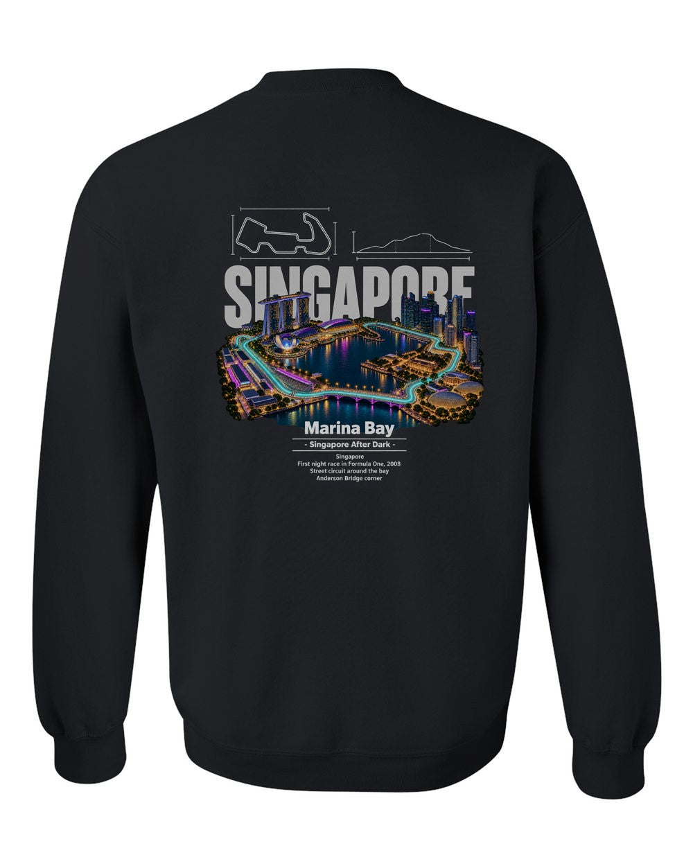 Marina Bay black crewneck back view with the design