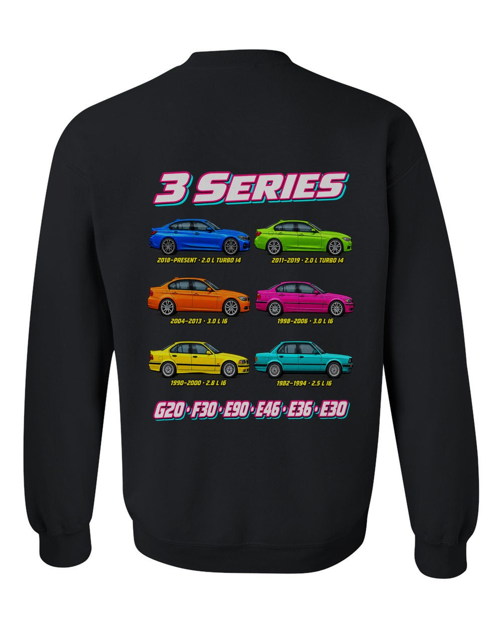 BMW 3 Series evolution poster black crewneck back view with the design