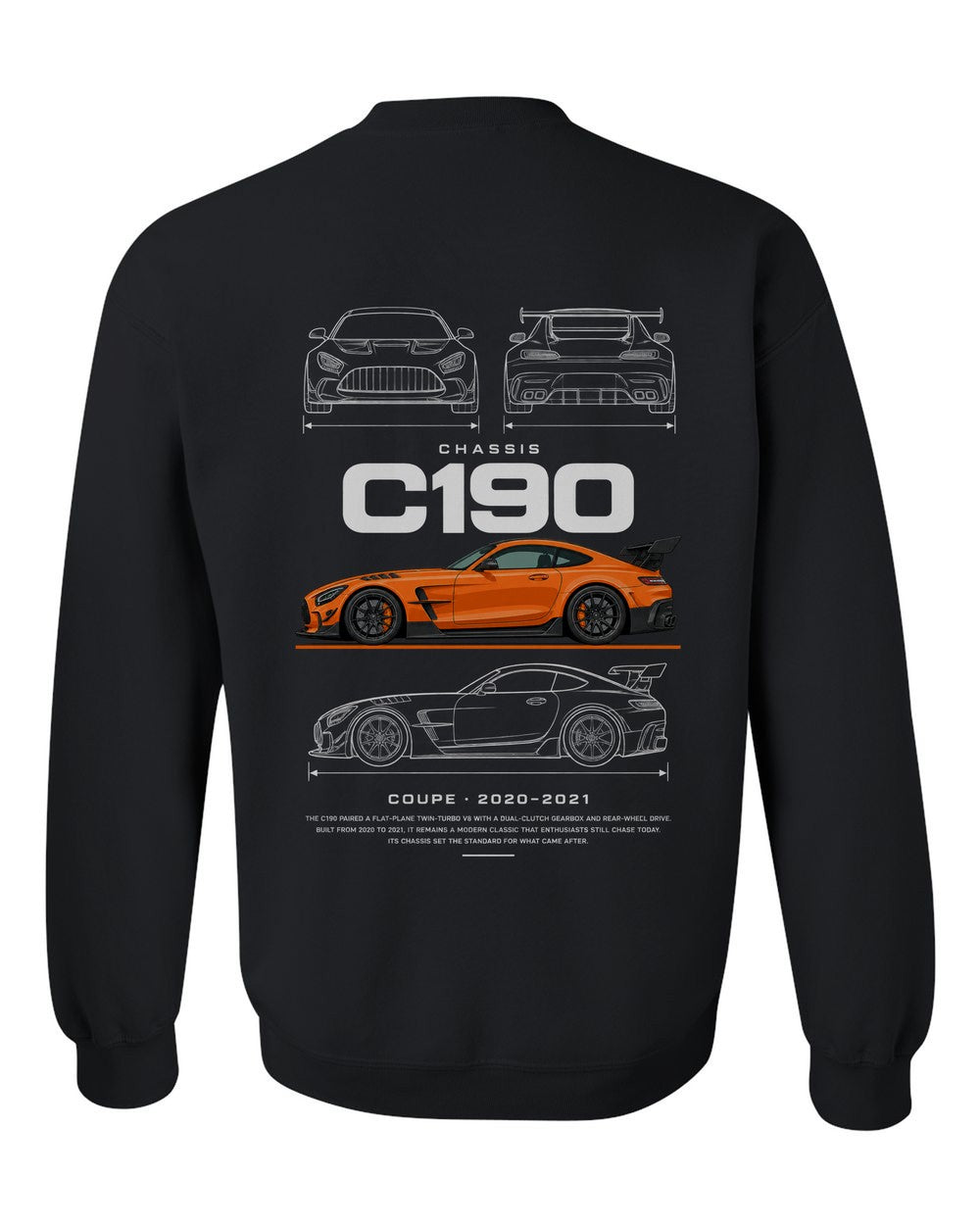 C190 full-back artwork black crewneck back view with the design