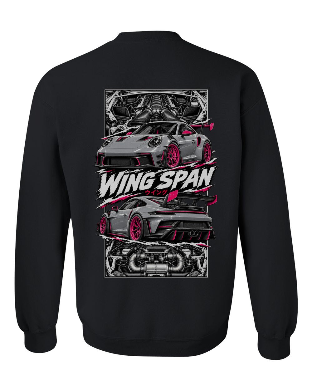 Porsche 992 Gt3 Rs torn poster black crewneck back view with the design