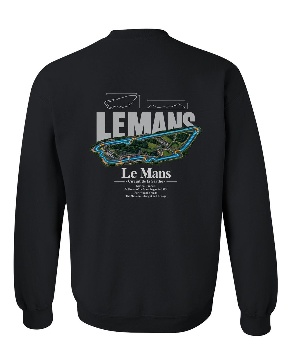 Le Mans black crewneck back view with the design