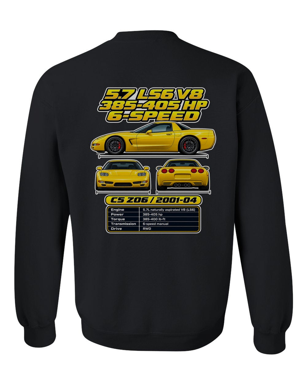 Chevrolet Corvette C5 Z06 spec sheet black crewneck back view with the design