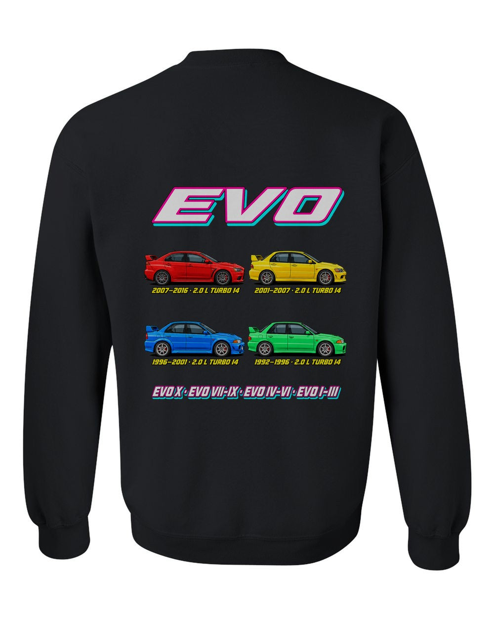 Mitsubishi Evo evolution poster black crewneck back view with the design