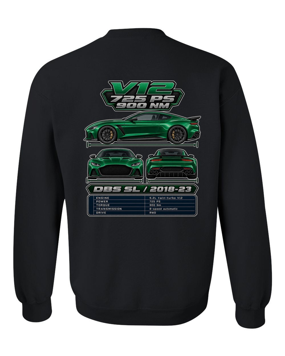 Aston Martin Dbs Superleggera spec sheet black crewneck back view with the design