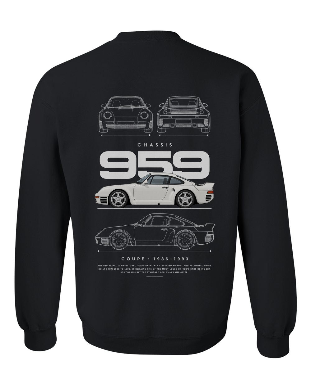 959 full-back artwork black crewneck back view with the design