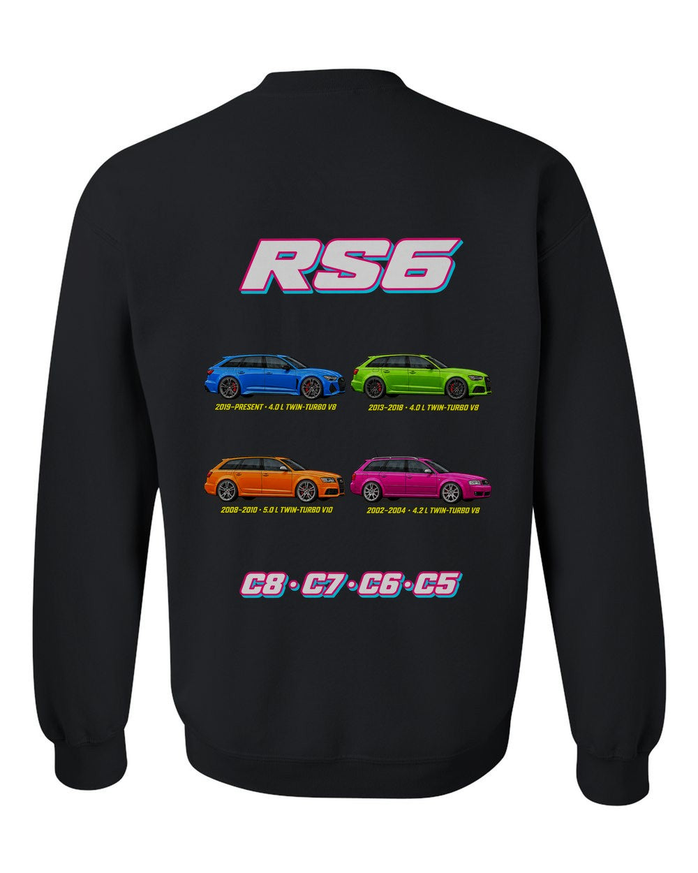 Audi RS6 evolution poster black crewneck back view with the design