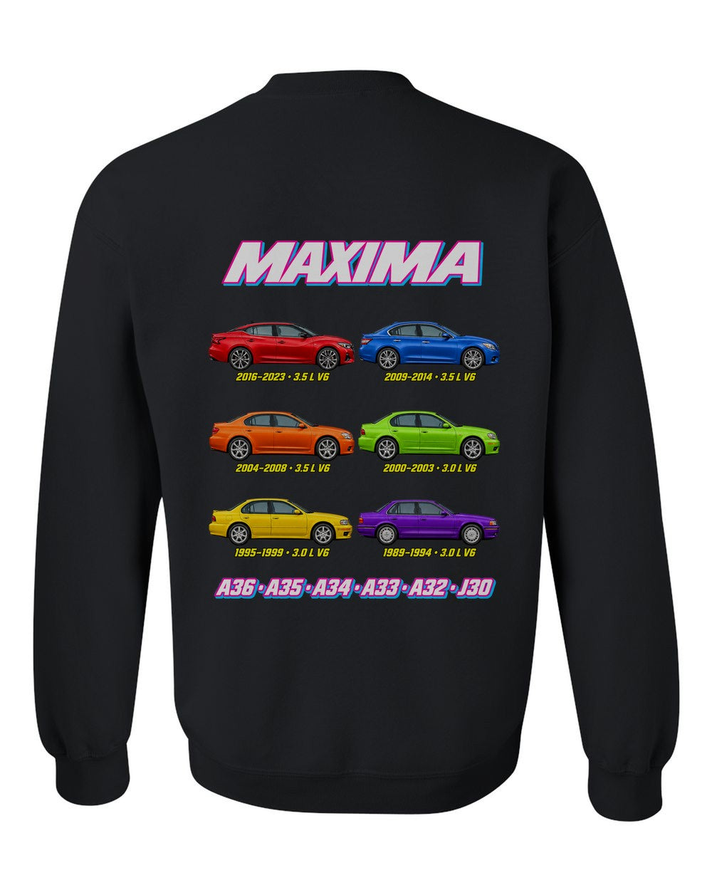 Nissan Maxima evolution poster black crewneck back view with the design