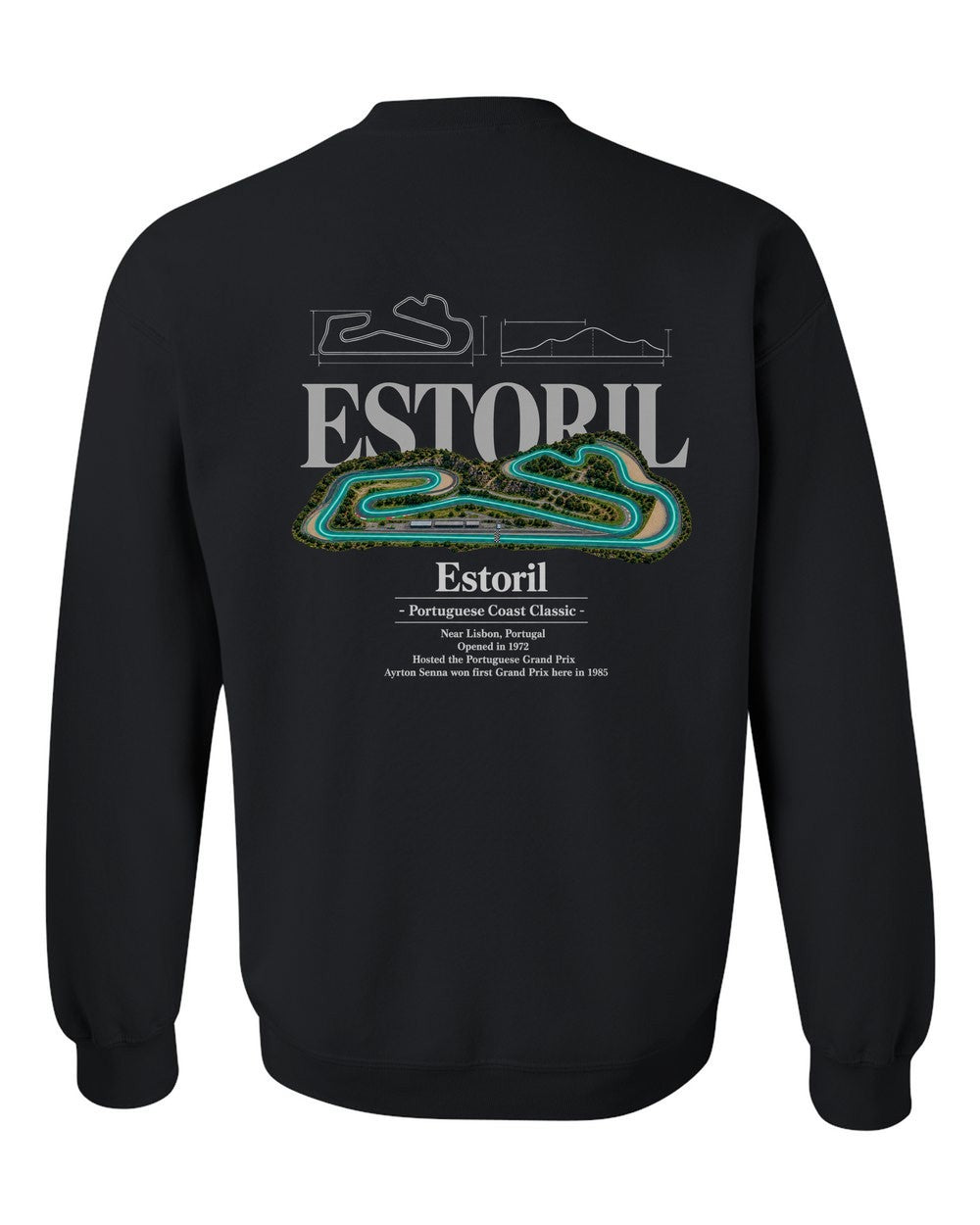 Estoril black crewneck back view with the design