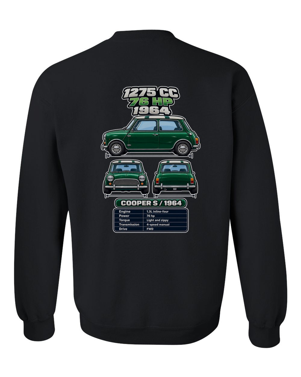 Classic Mini Cooper S spec sheet black crewneck back view with the design