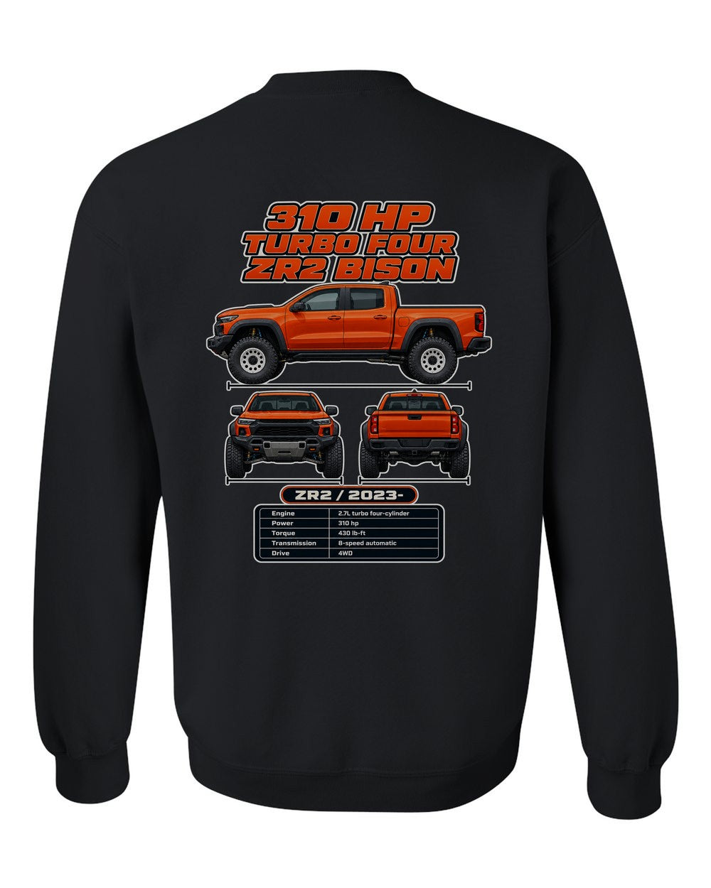Chevrolet Colorado Zr2 Bison spec sheet black crewneck back view with the design