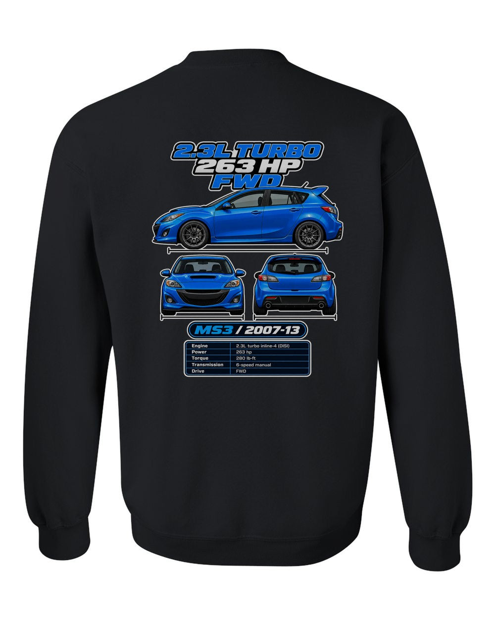 Mazda Mazdaspeed3 spec sheet black crewneck back view with the design