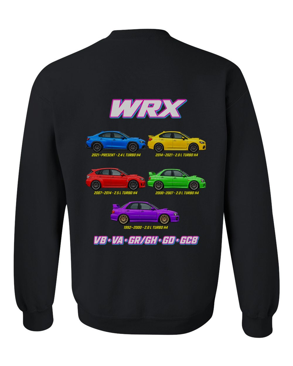 Subaru WRX evolution poster black crewneck back view with the design