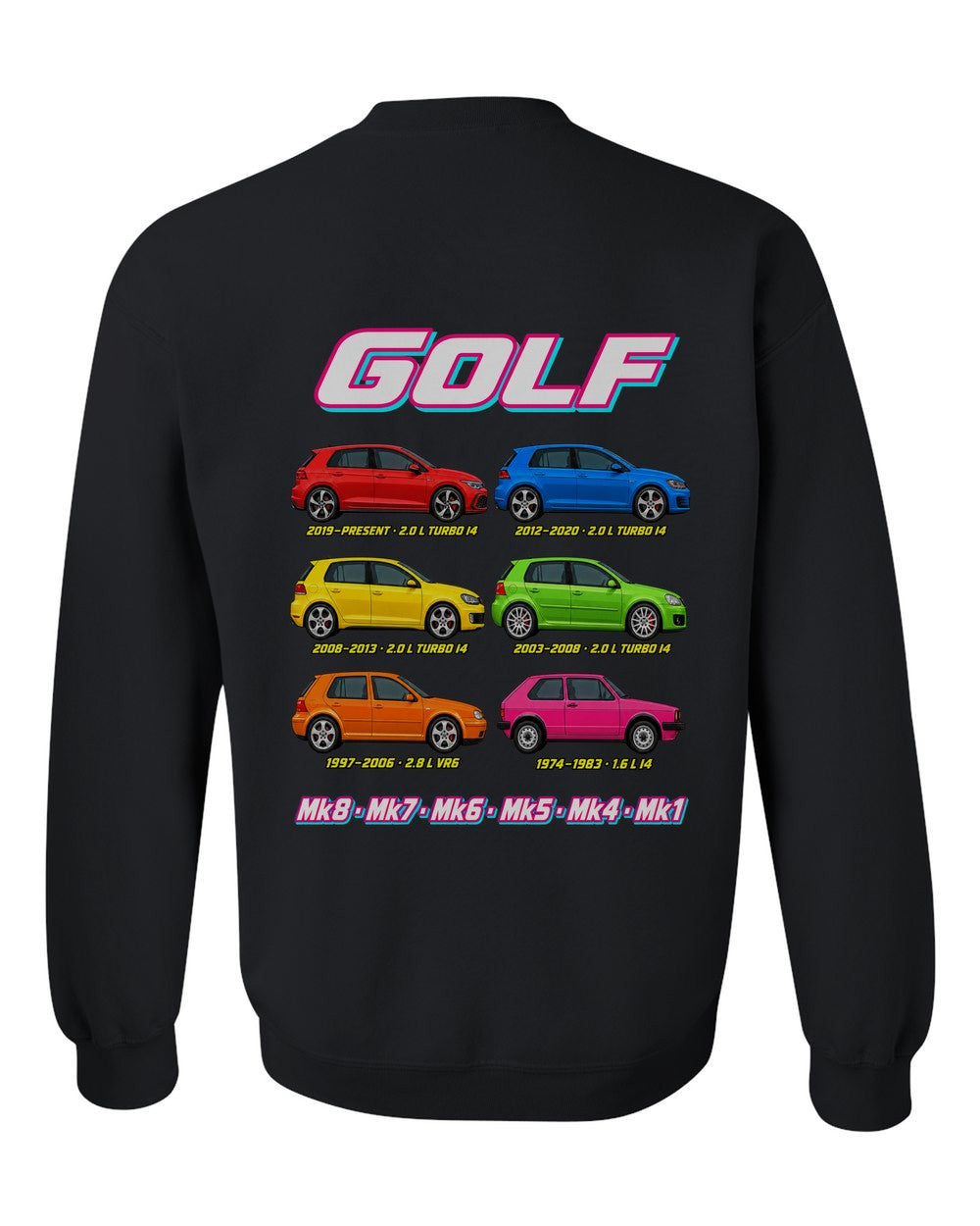 VW Golf evolution poster black crewneck back view with the design