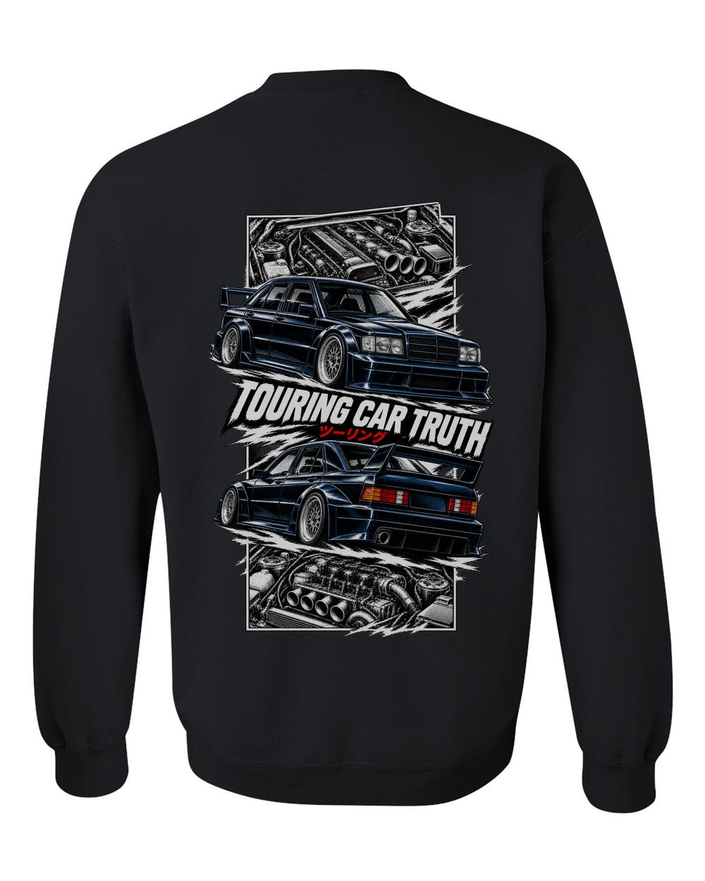 Mercedes 190E Evo Ii torn poster black crewneck back view with the design