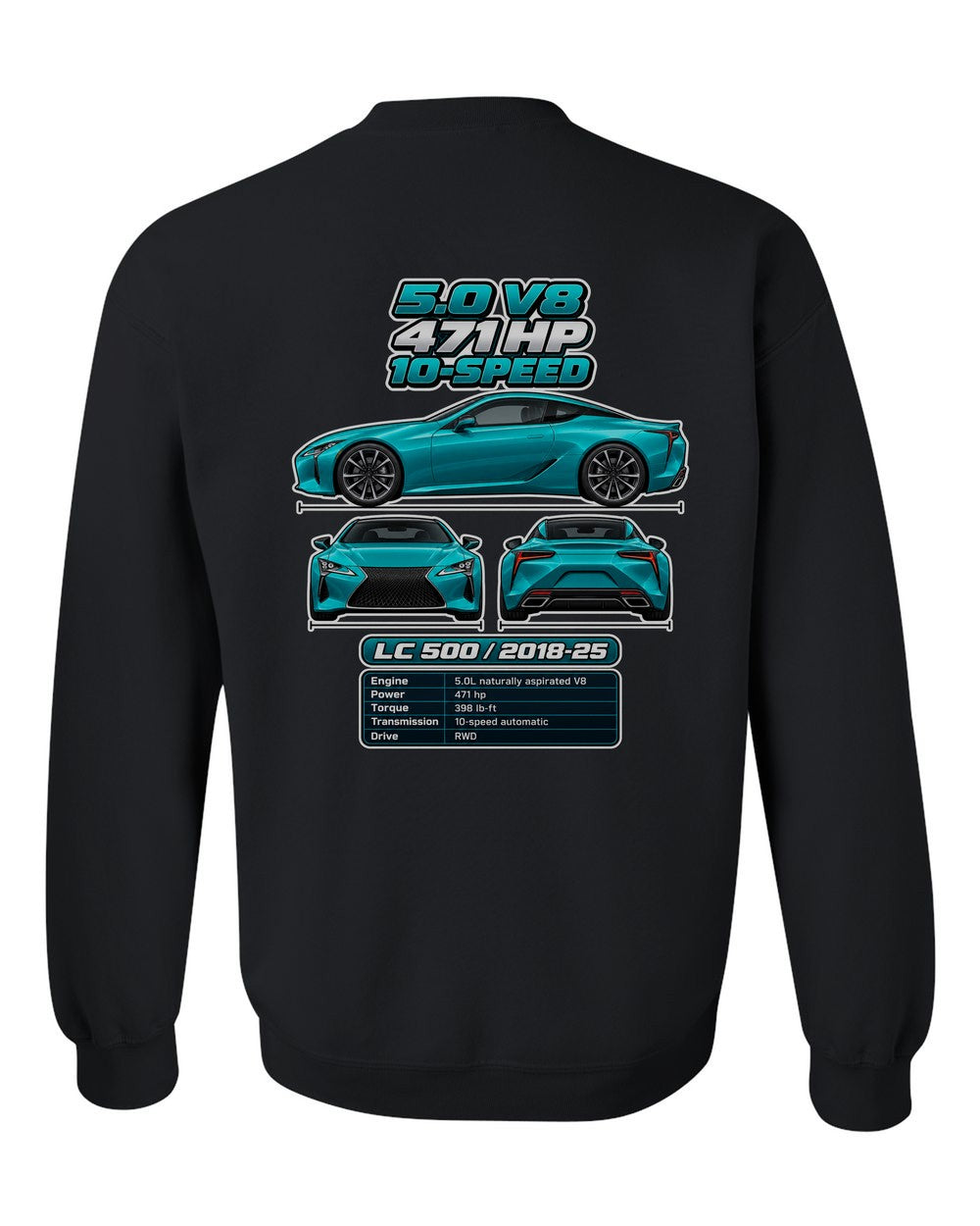 Lexus Lc 500 spec sheet black crewneck back view with the design