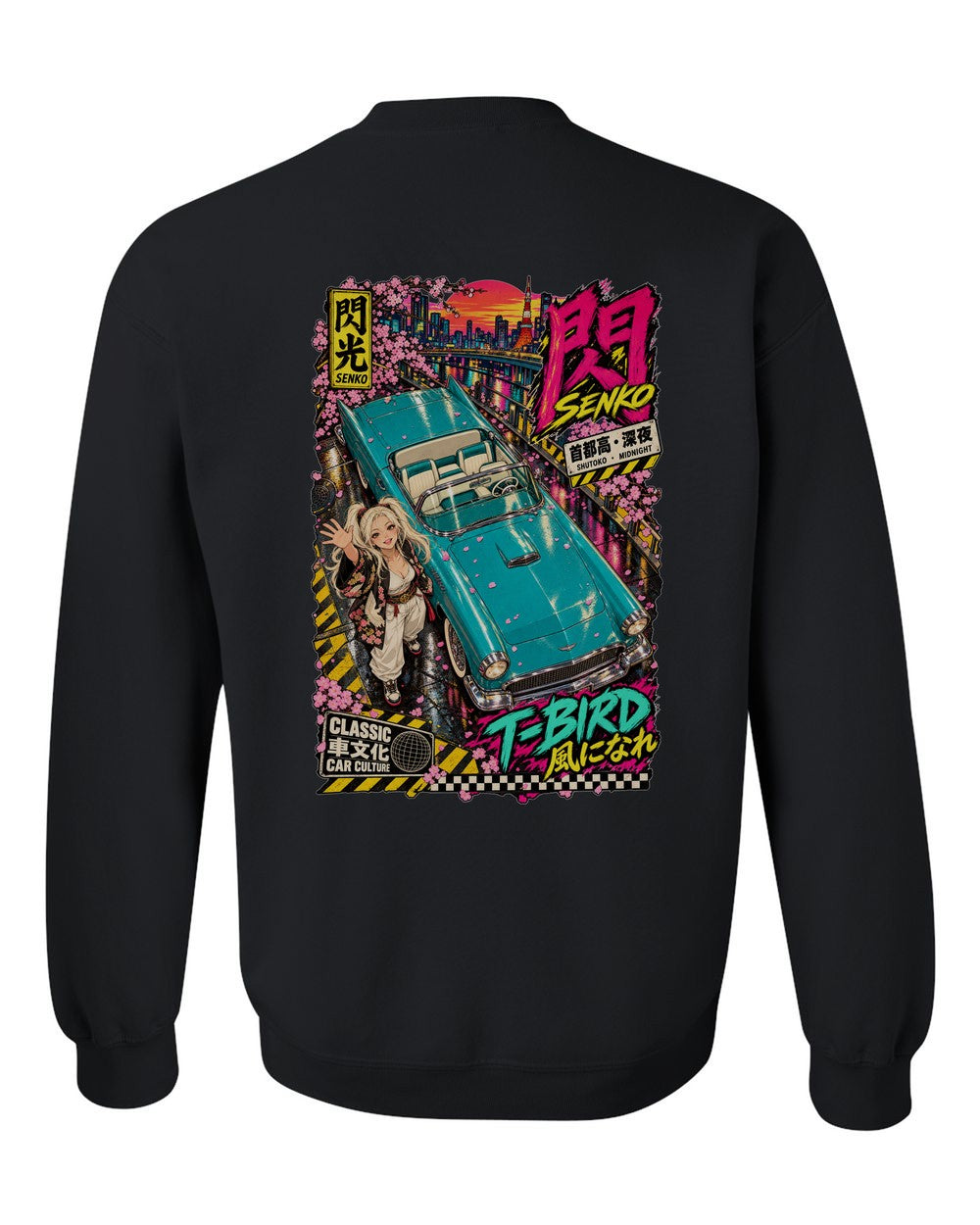 SENKO T-BIRD full-back artwork black crewneck back view with the design