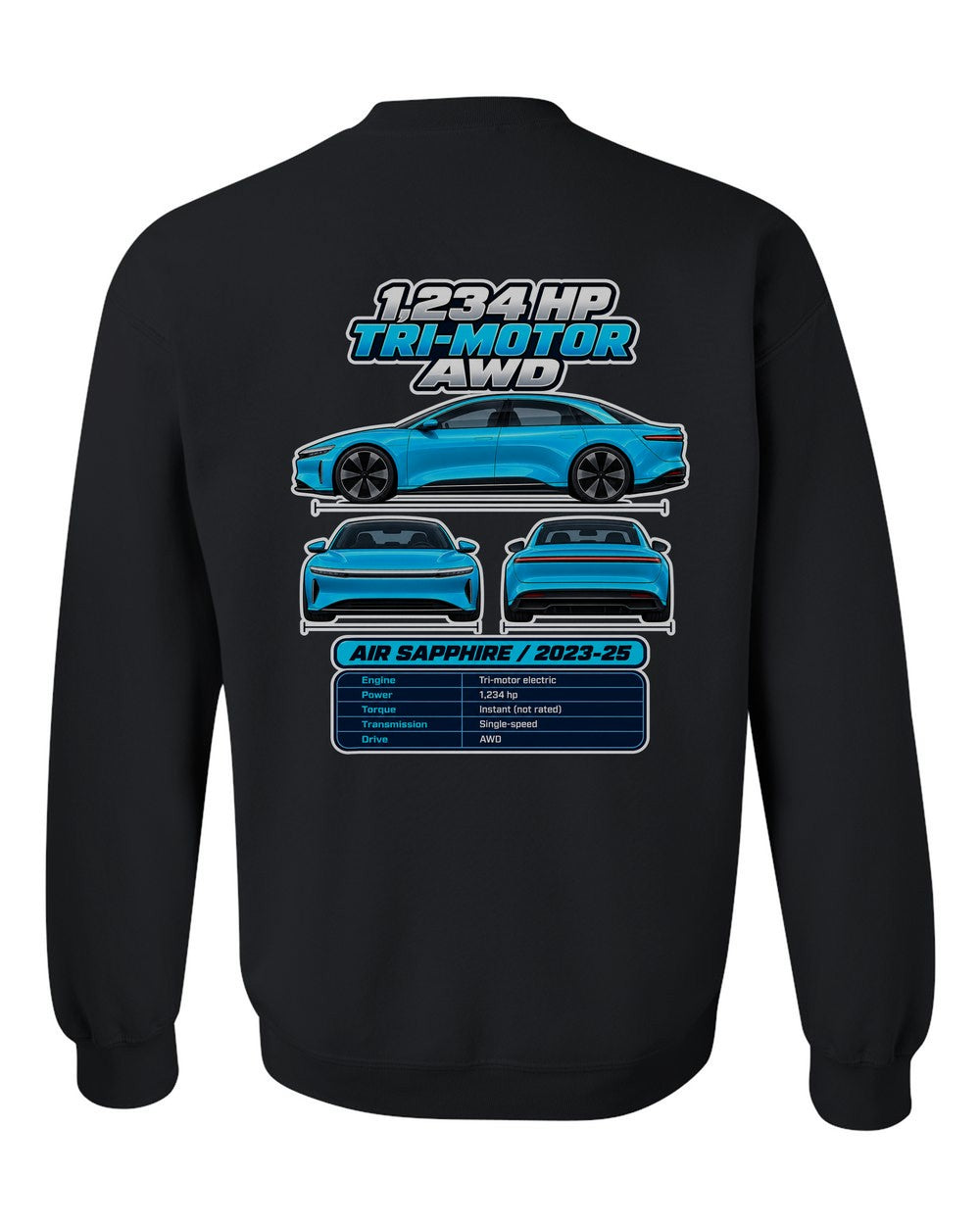 Lucid Air Sapphire spec sheet black crewneck back view with the design