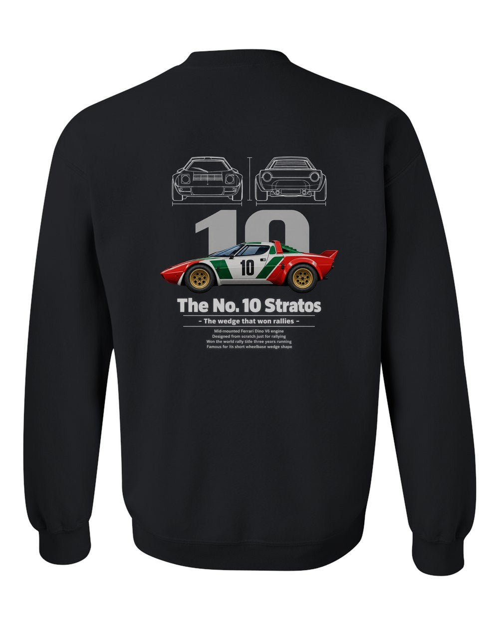 No. 10 Stratos black crewneck back view with the design