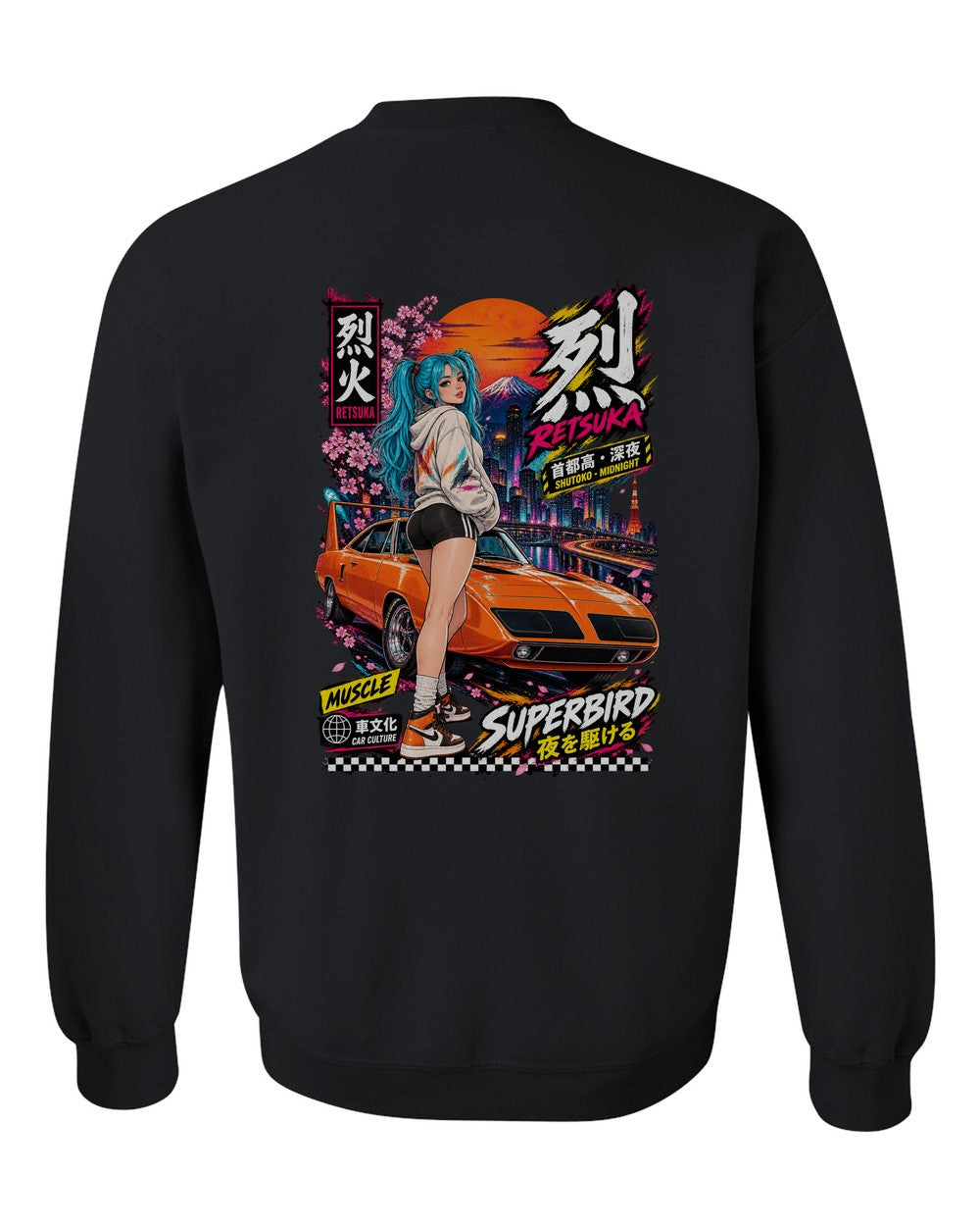 RETSUKA SUPERBIRD full-back artwork black crewneck back view with the design