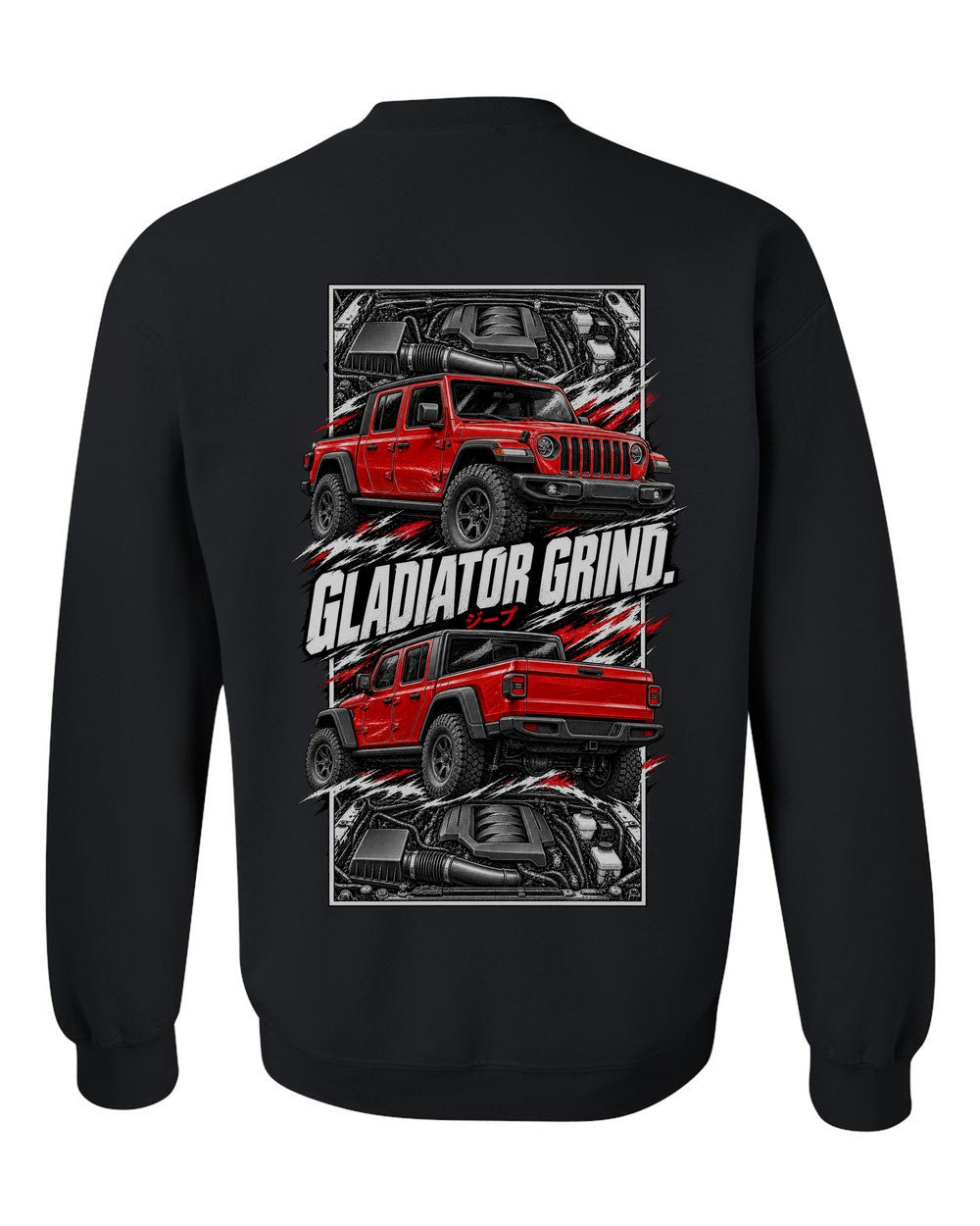 Jeep Gladiator torn poster black crewneck back view with the design