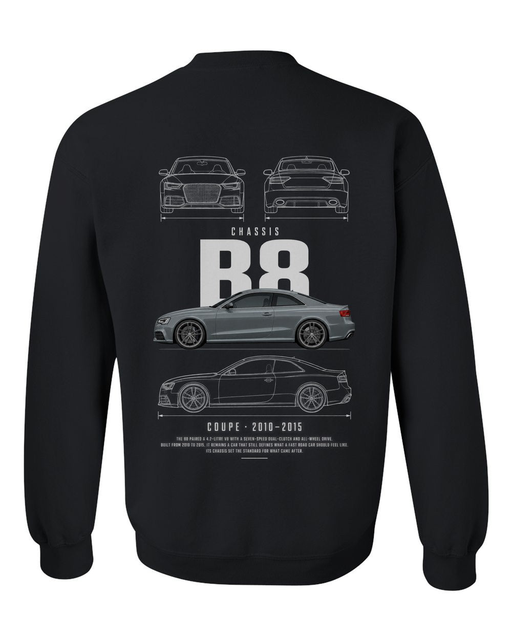 B8 full-back artwork black crewneck back view with the design