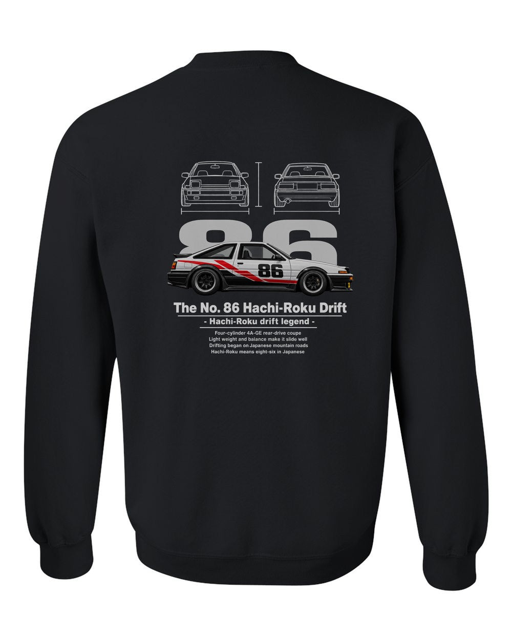 No. 86 Hachi-Roku Drift black crewneck back view with the design