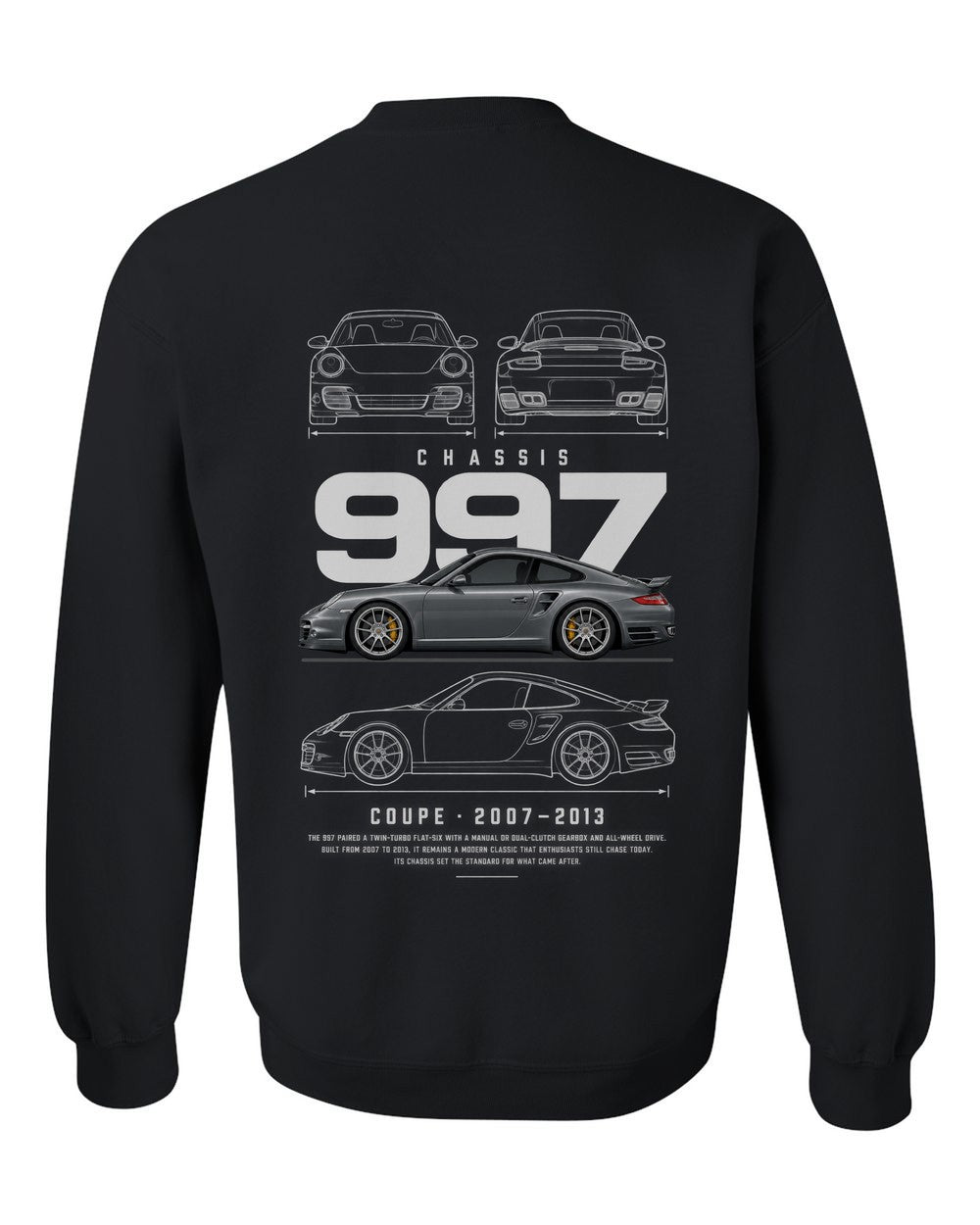 997 full-back artwork black crewneck back view with the design