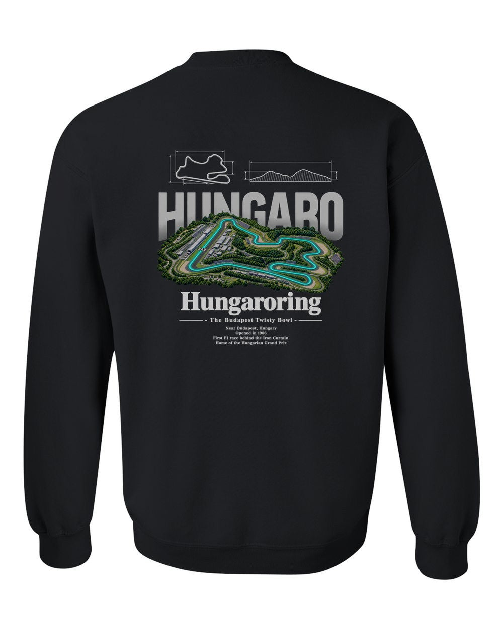 Hungaroring black crewneck back view with the design