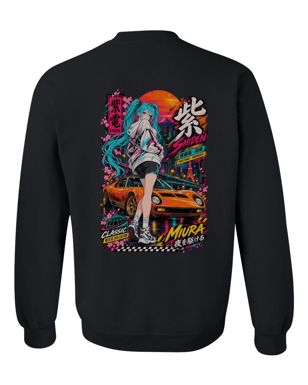 SHIDEN MIURA full-back artwork black crewneck back view with the design