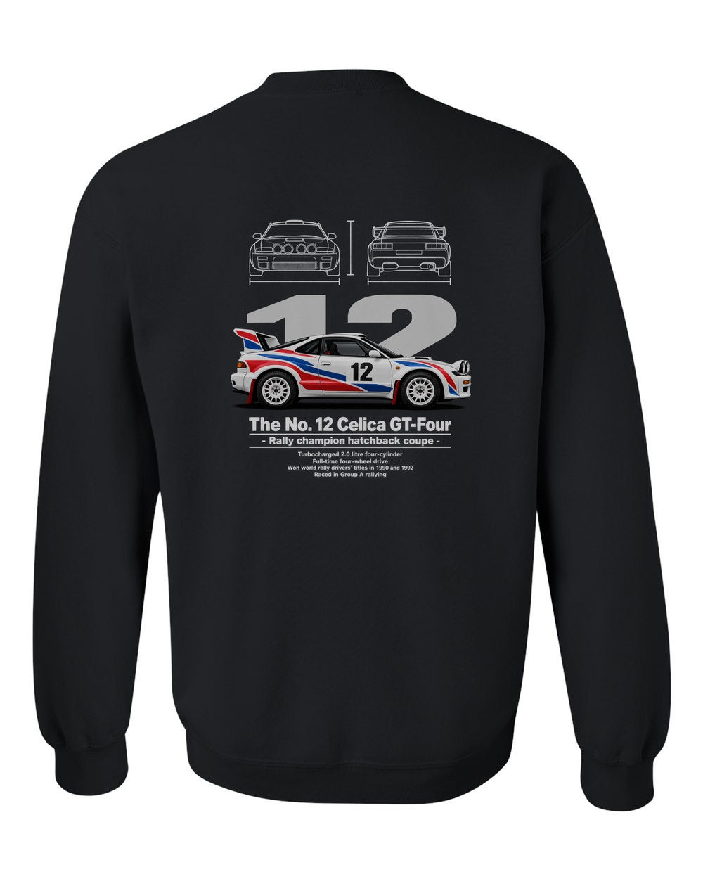 No. 12 Celica GT-Four black crewneck back view with the design
