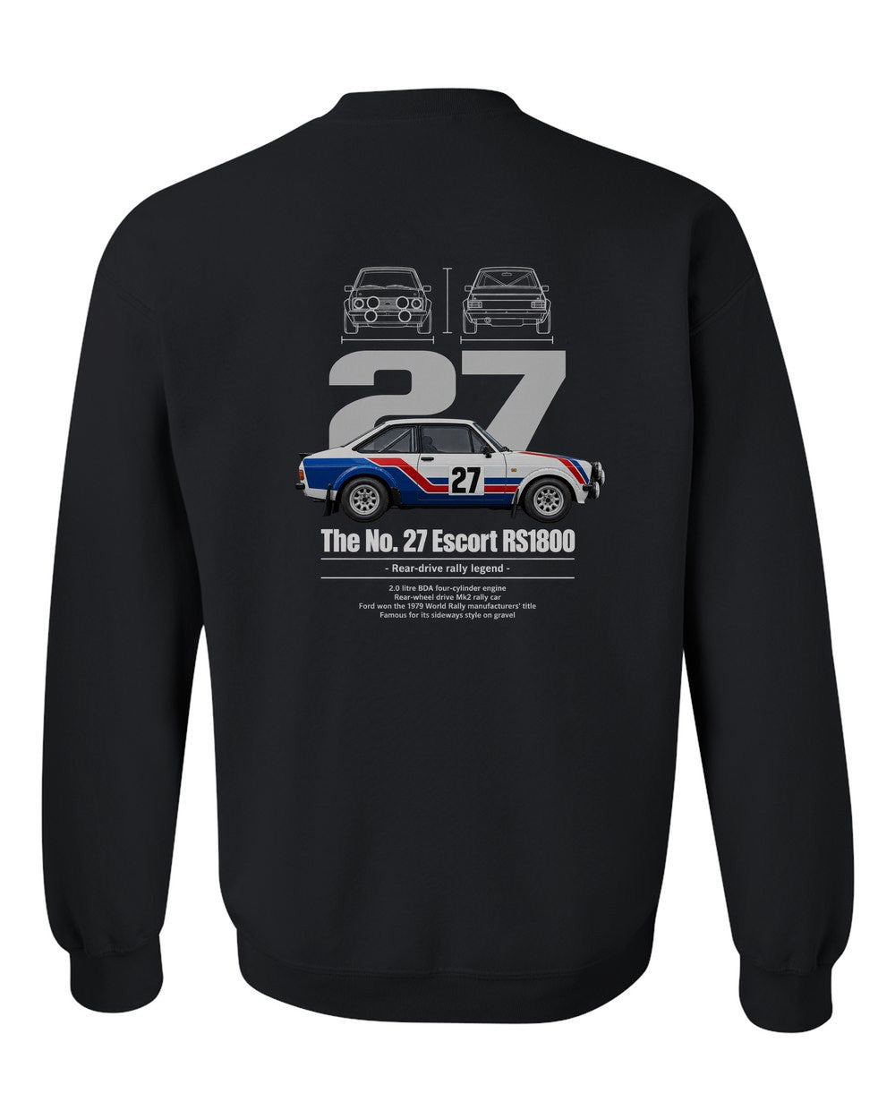 No. 27 Escort RS1800 black crewneck back view with the design