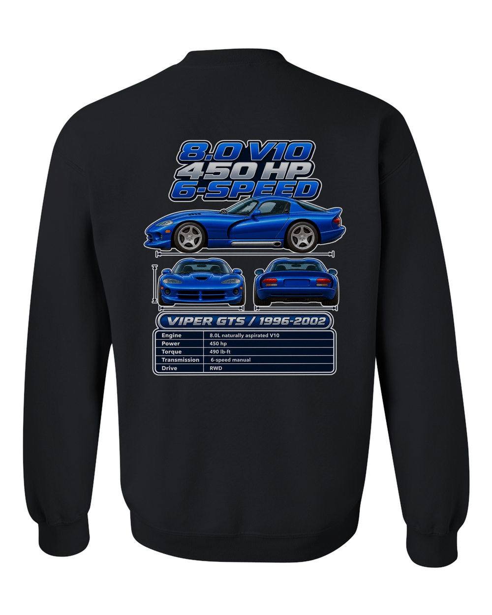 Dodge Viper Gts spec sheet black crewneck back view with the design