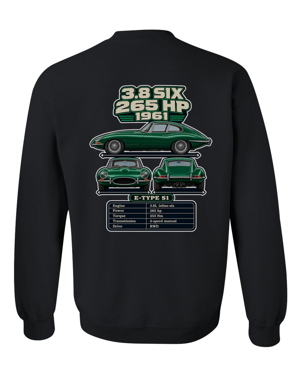 Jaguar E Type Series 1 spec sheet black crewneck back view with the design