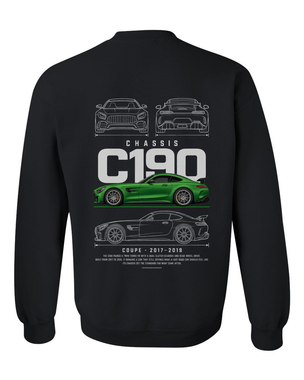 C190 full-back artwork black crewneck back view with the design