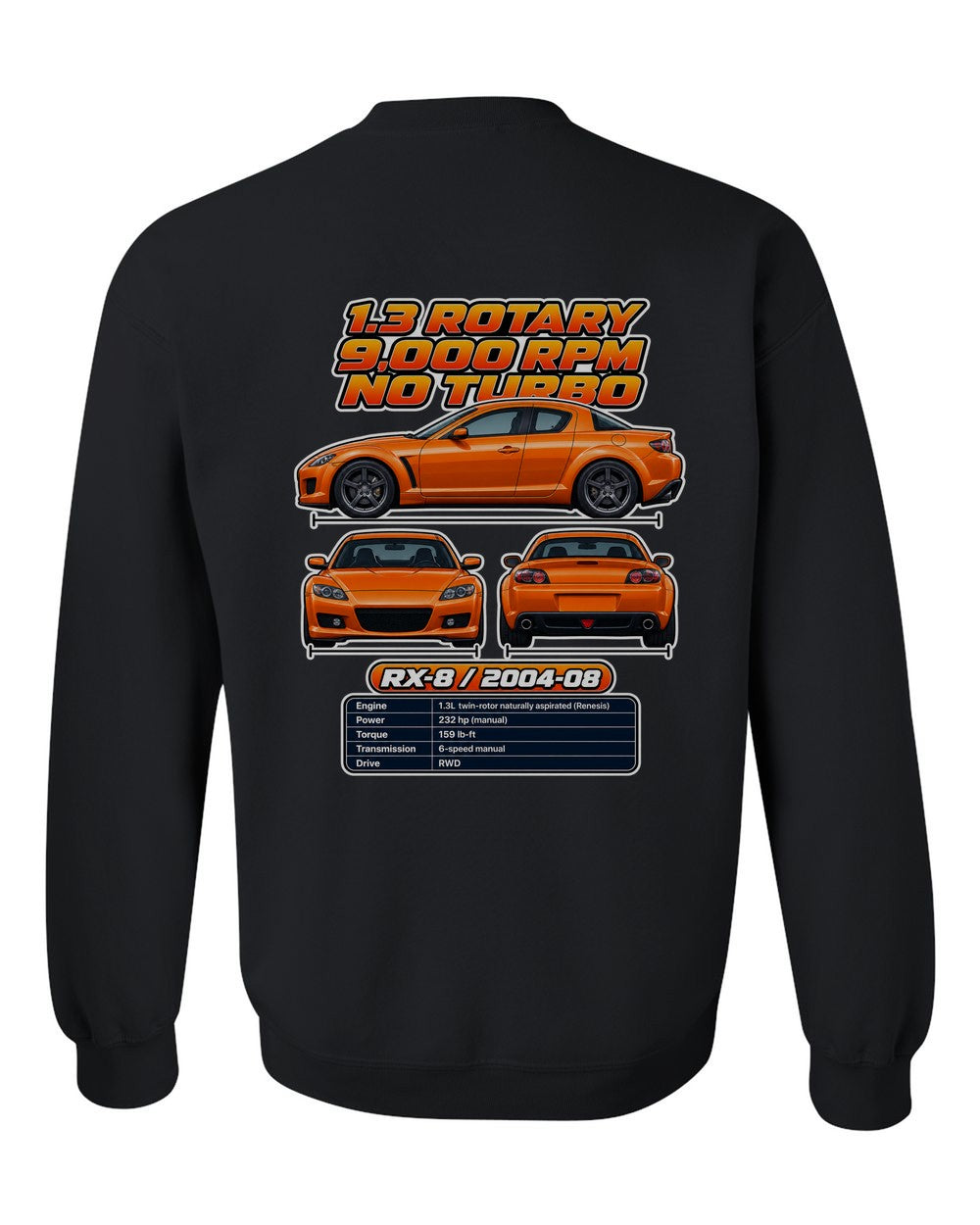 Mazda Rx 8 spec sheet black crewneck back view with the design