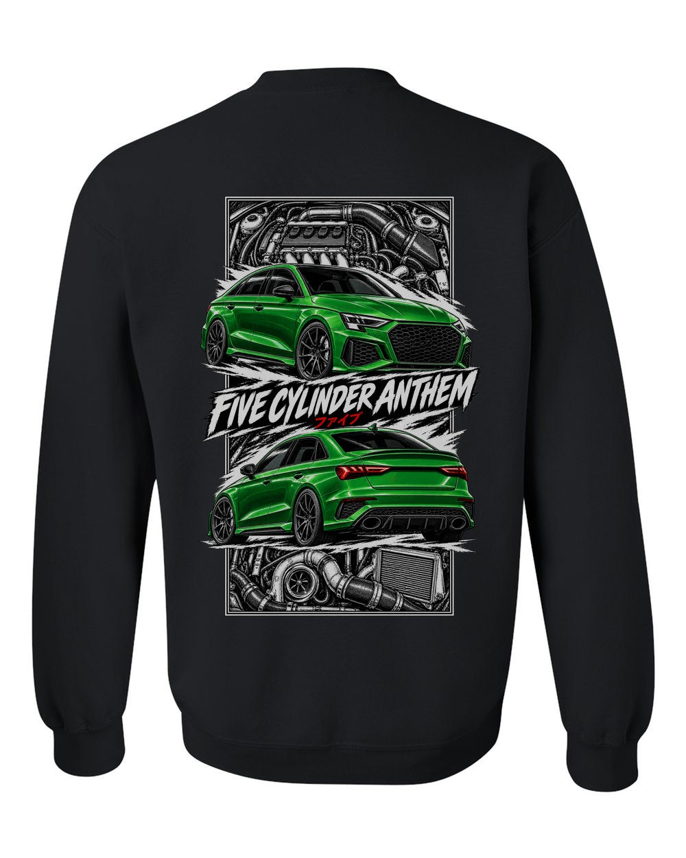 Audi Rs3 torn poster black crewneck back view with the design