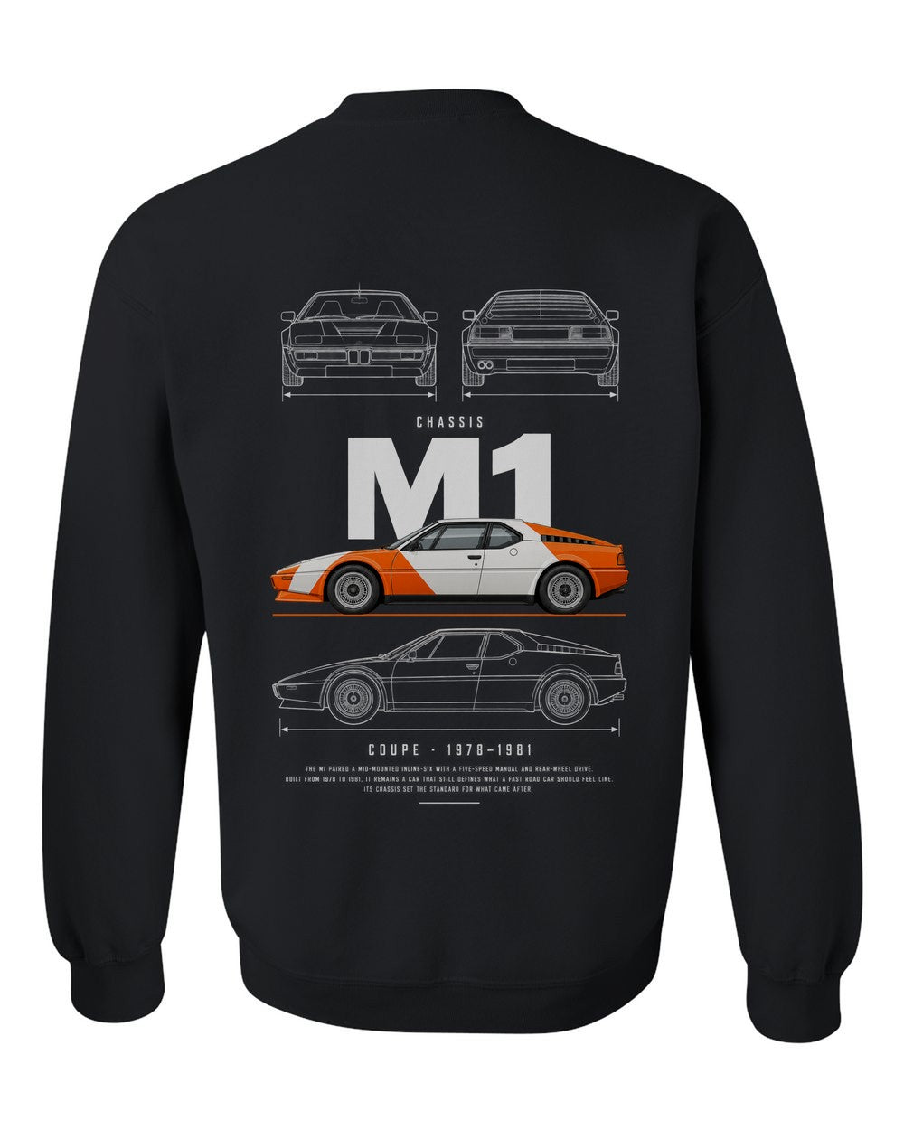 M1 full-back artwork black crewneck back view with the design