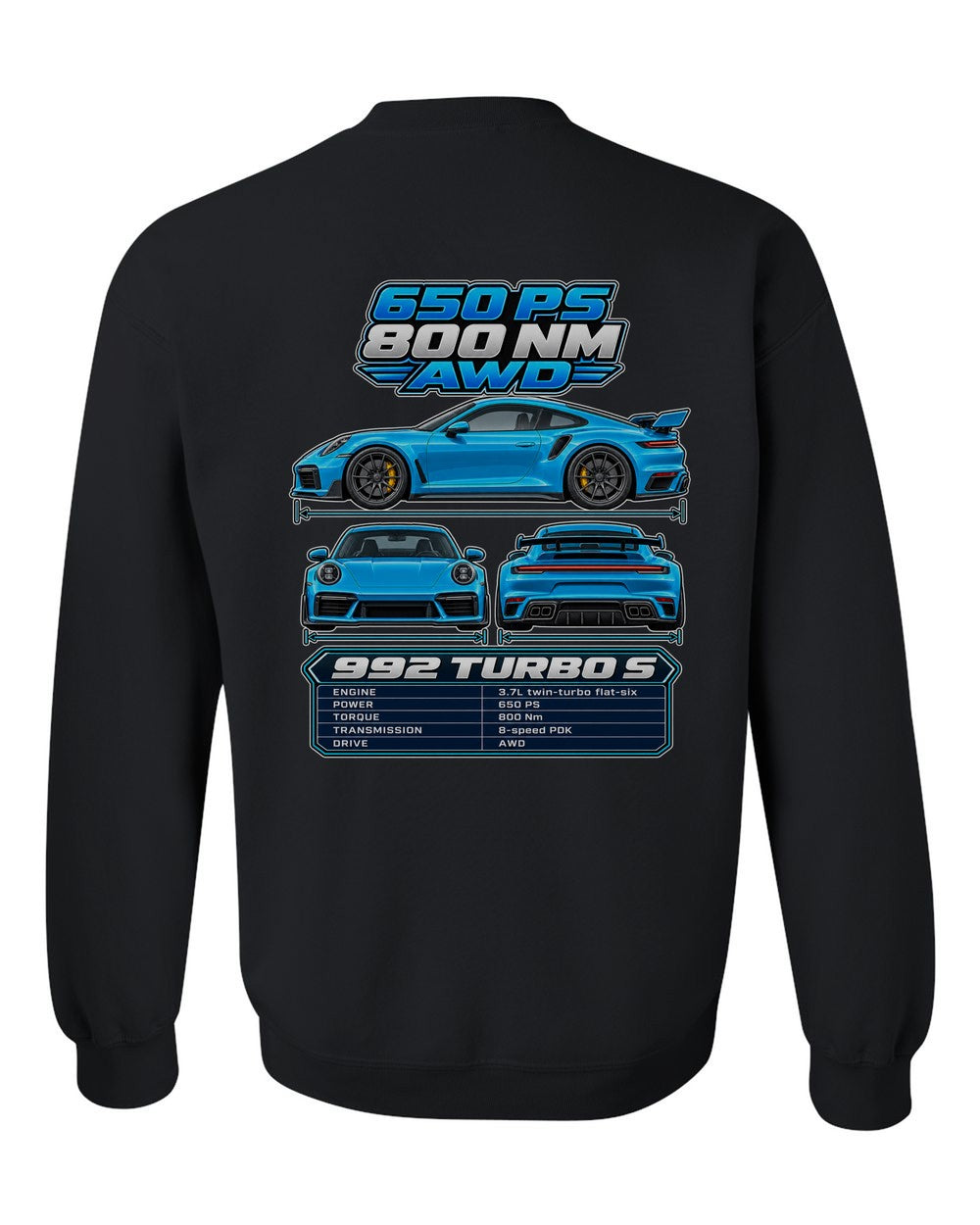 Porsche 911 Turbo S 992 spec sheet black crewneck back view with the design