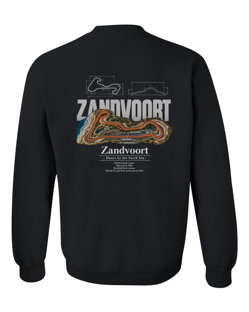 Zandvoort black crewneck back view with the design