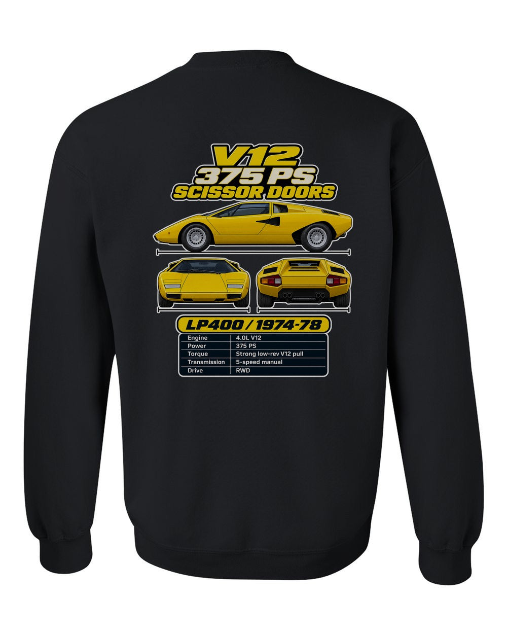 Lamborghini Countach Lp400 spec sheet black crewneck back view with the design