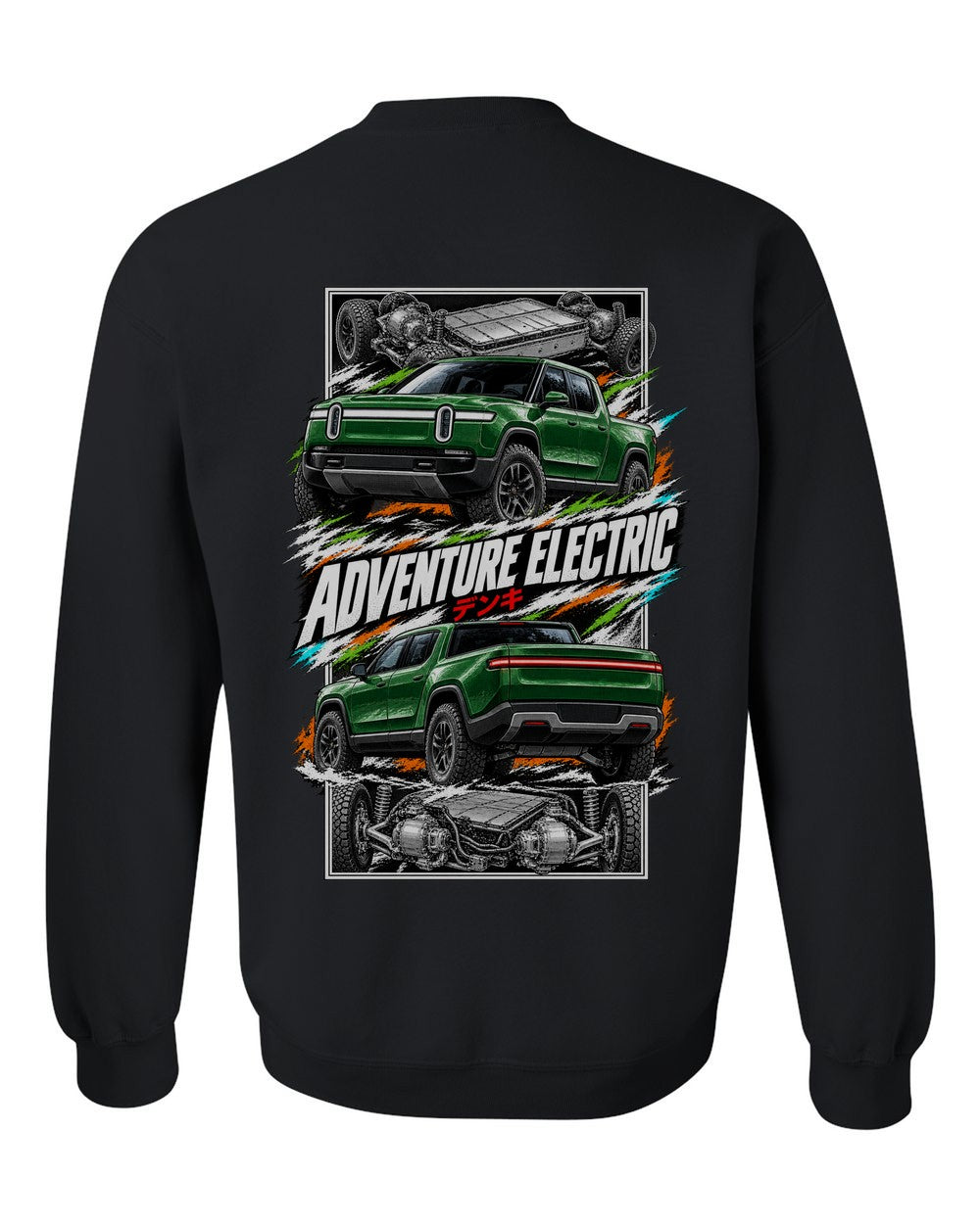 Rivian R1T torn poster black crewneck back view with the design