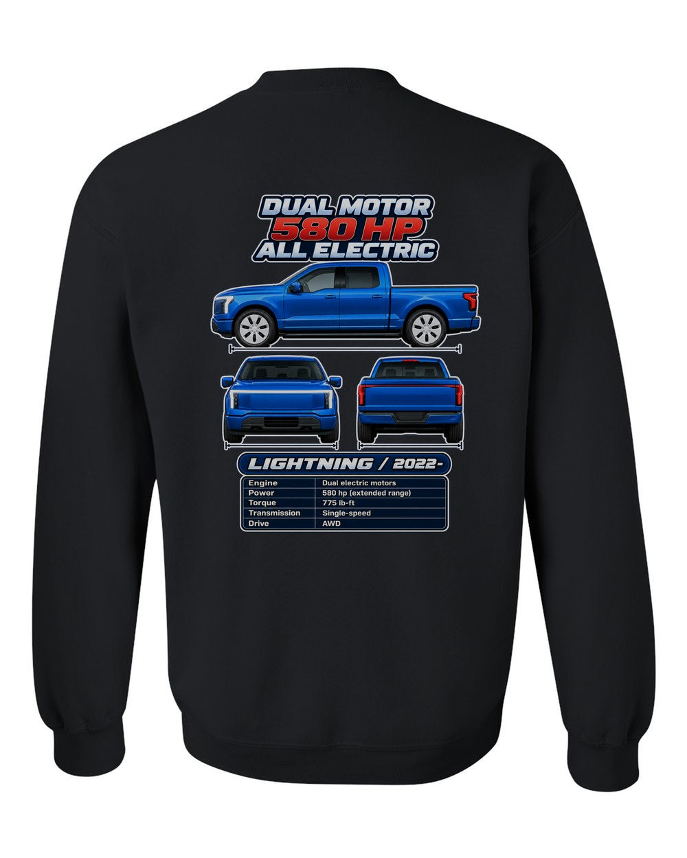 Ford F150 Lightning spec sheet black crewneck back view with the design