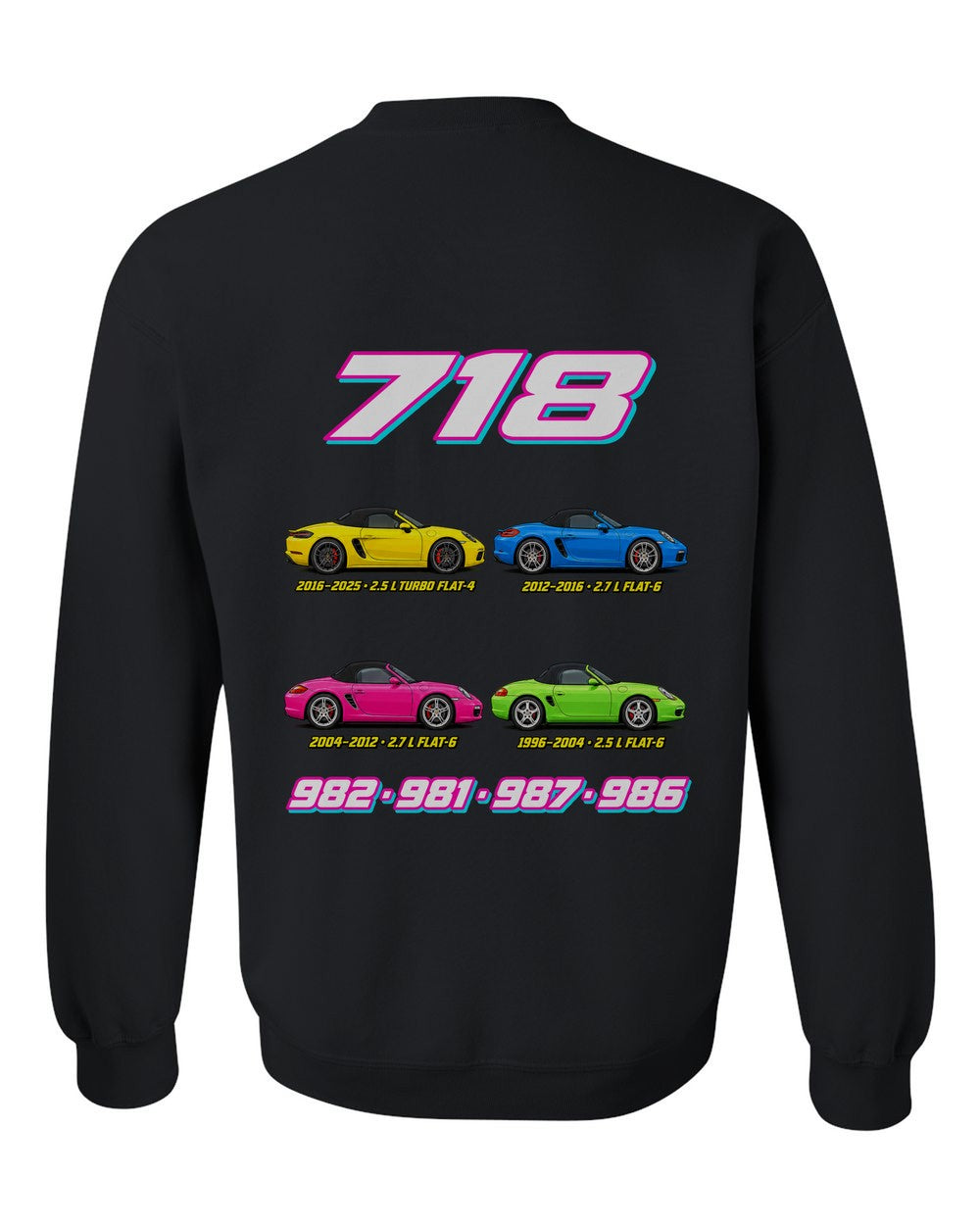 Porsche Boxster 718 evolution poster black crewneck back view with the design