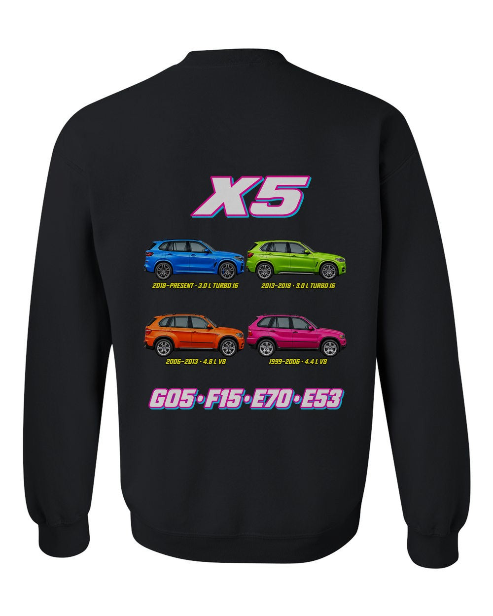 BMW X5 evolution poster black crewneck back view with the design
