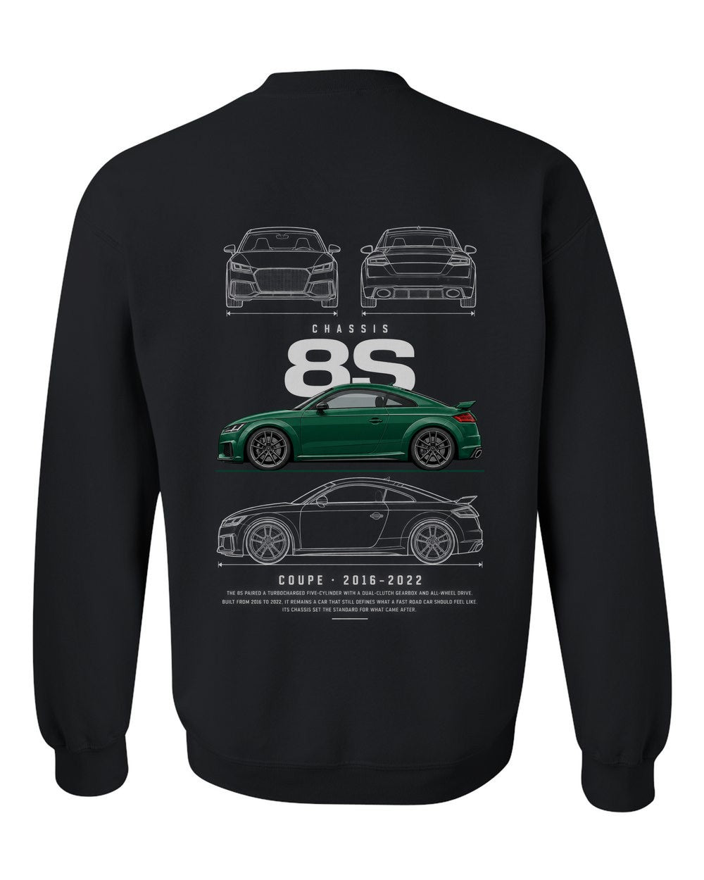8S full-back artwork black crewneck back view with the design