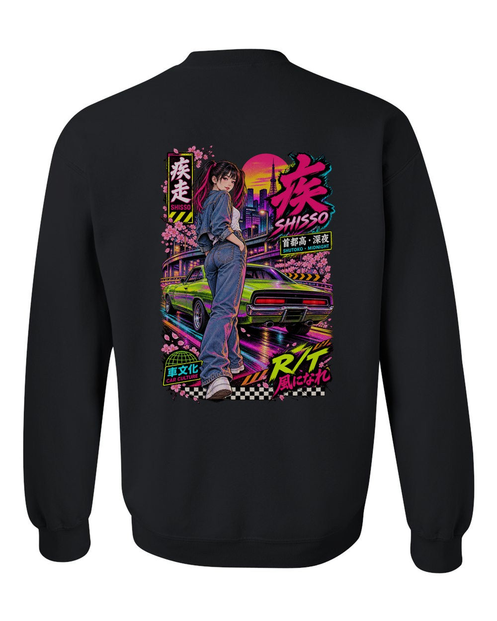 SHISSO R/T full-back artwork black crewneck back view with the design