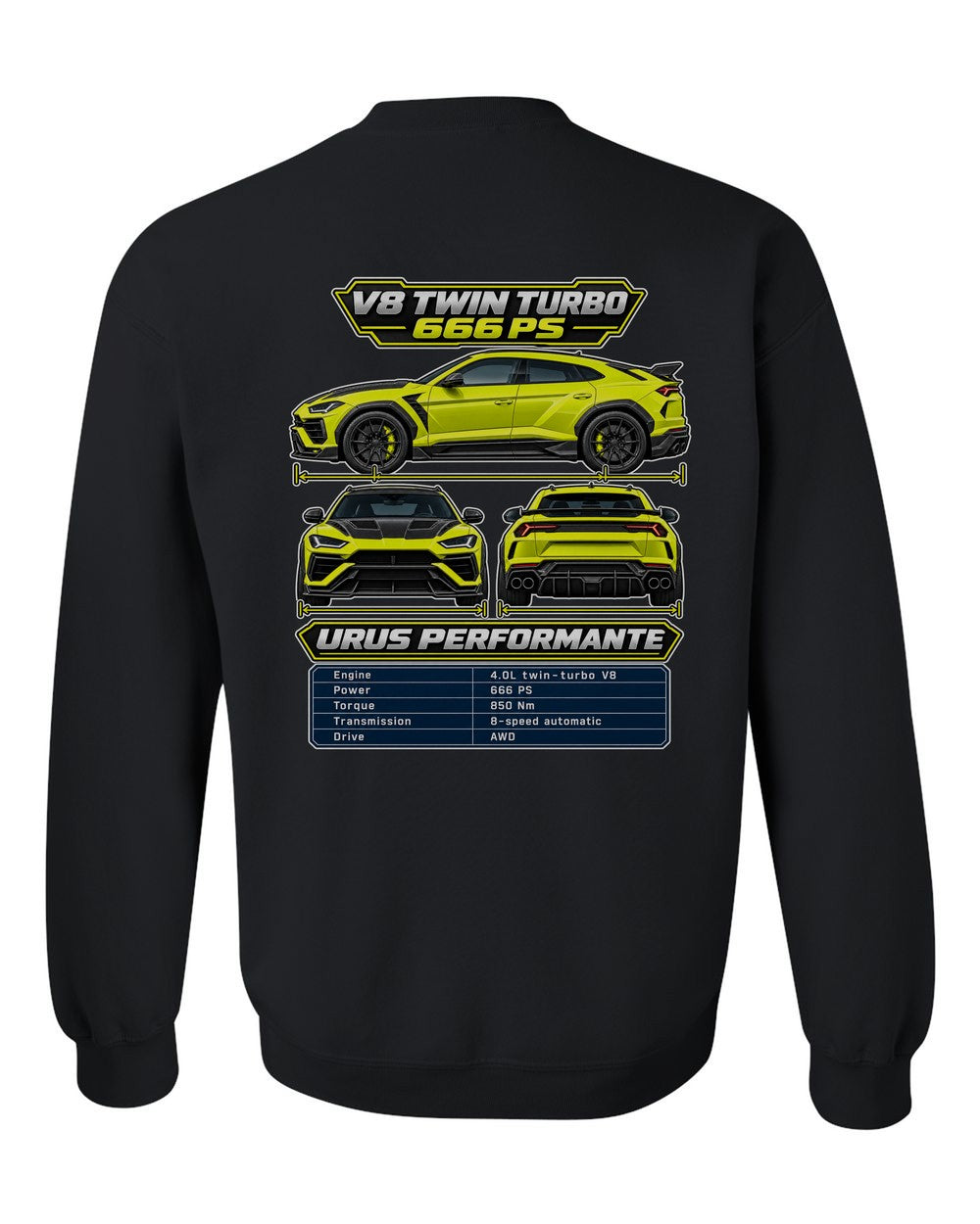 Lamborghini Urus Performante spec sheet black crewneck back view with the design